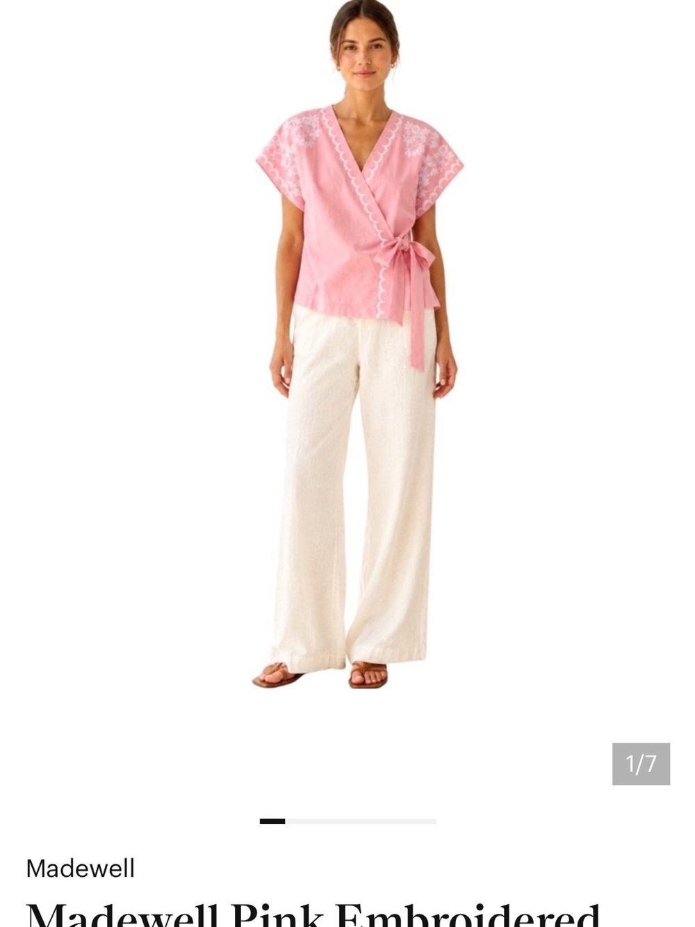 Madewell Pink Wrap Blouse with Cream Wide-Leg Pants